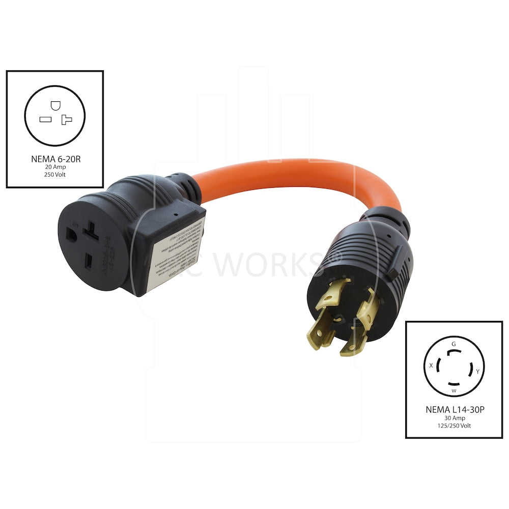 1.5FT 30A 4-Prong L14-30P Locking Plug to 6-15/20 Outlet with 20A Breaker