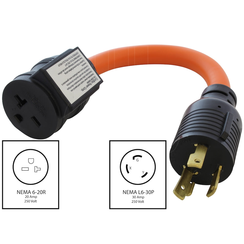 1FT 30A 3-Prong L6-30P Locking Plug to 6-15/20 Outlet with 20A Breaker