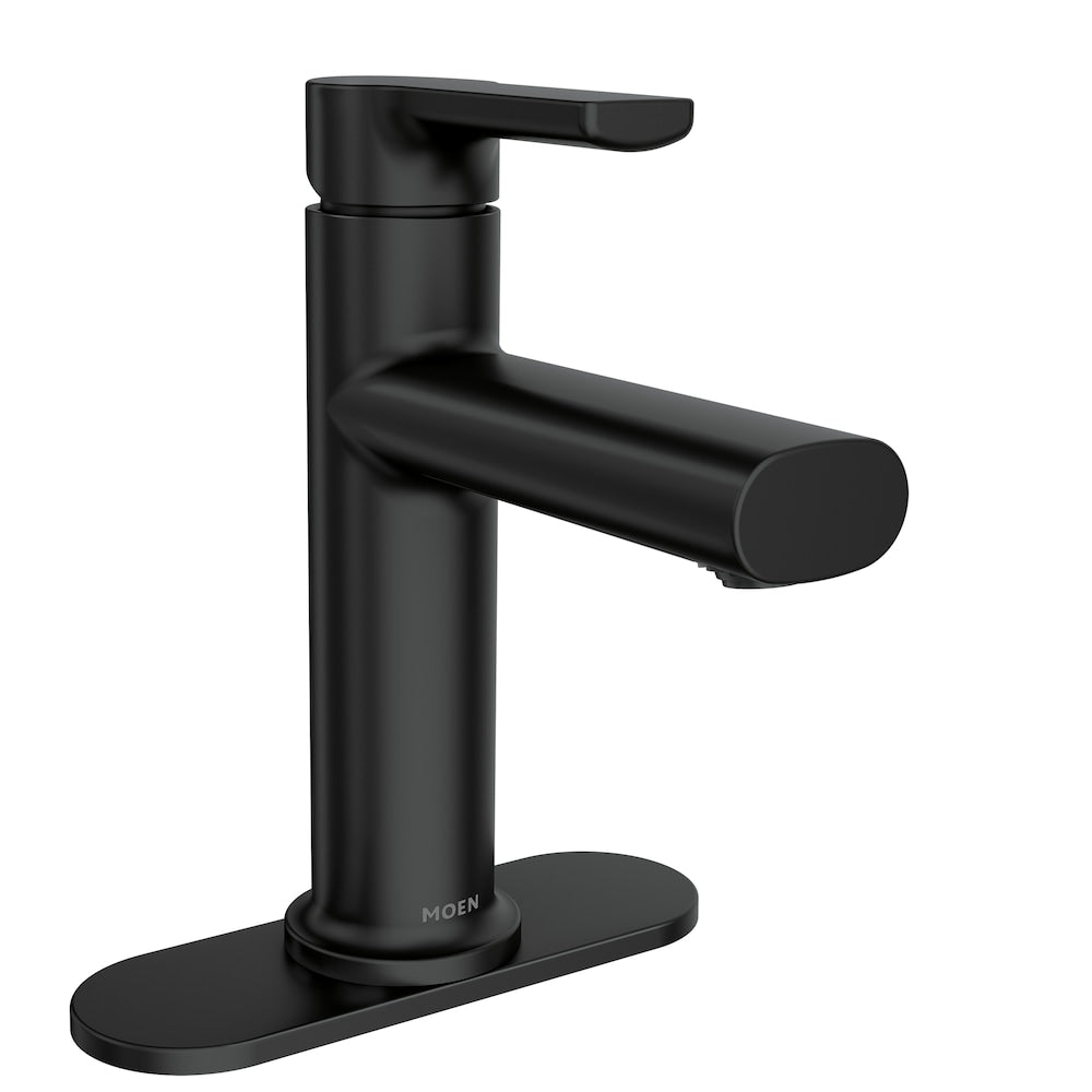 Robinet de lavabo de salle de bain à poignée unique Meena de 4 pouces avec plaque de pont en noir mat (robinet inclus)
