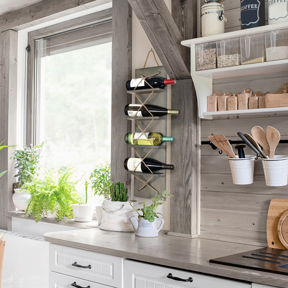 30 inch Rustic Gray Positano Nautical Rope 4 Bottle Vertical Wall Mounted Wood Wine Rack