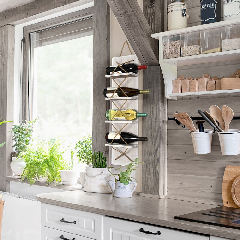 30 inch White Wash Positano Nautical Rope 4 Bottle Vertical Wall Mounted Wood Wine Rack