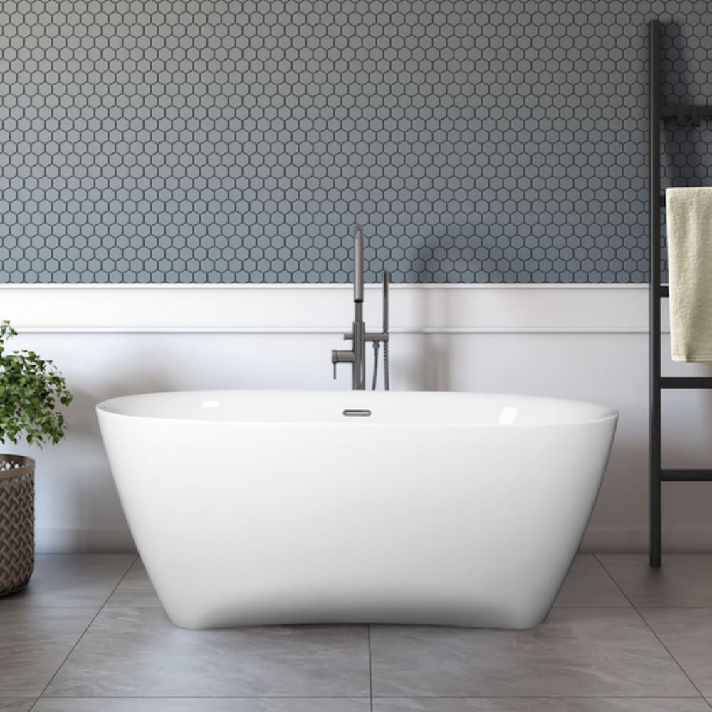 Baignoire autoportante ovale en acrylique Carmen de 59 pouces avec drain central en blanc