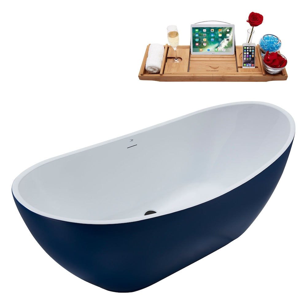 N595BL 62 inch Freestanding Oval Bathtub with Internal Drain and Tray in Matte Dark Blue