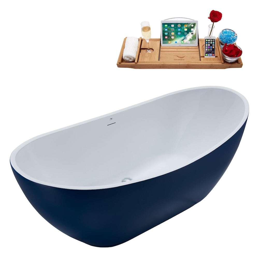 N595CH 62 inch Freestanding Oval Bathtub with Internal Drain and Tray in Matte Dark Blue