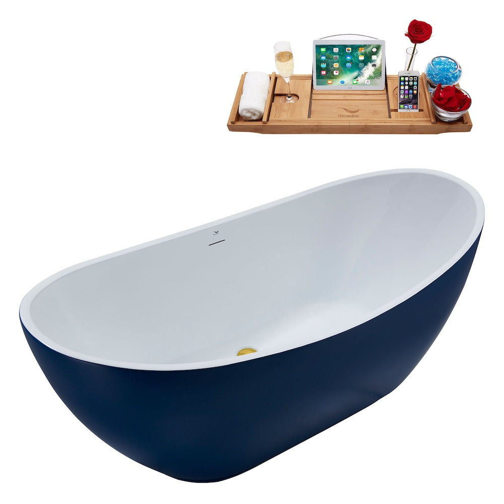 N595GLD 62 inch Freestanding Oval Bathtub with Internal Drain and Tray in Matte Dark Blue