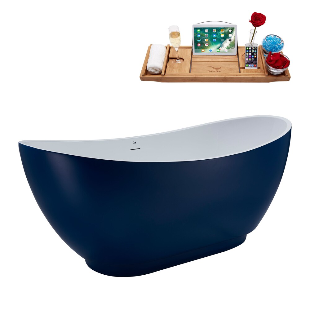 N595ORB 62 inch Freestanding Oval Bathtub with Internal Drain and Tray in Matte Dark Blue