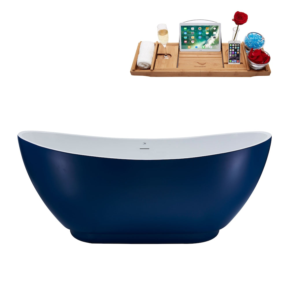 N595WH 62 inch Freestanding Oval Bathtub with Internal Drain and Tray in Matte Dark Blue