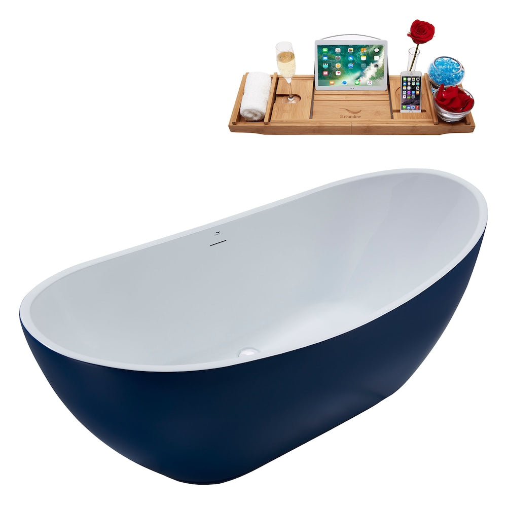 N595WH 62 inch Freestanding Oval Bathtub with Internal Drain and Tray in Matte Dark Blue