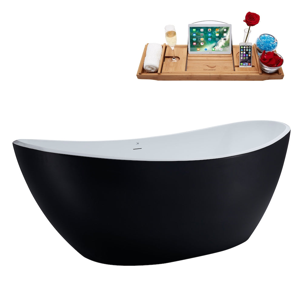 N955BL 75 inch Freestanding Oval Bathtub with Internal Drain and Tray in Matte Black