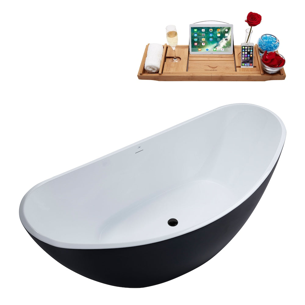 N955BL 75 inch Freestanding Oval Bathtub with Internal Drain and Tray in Matte Black
