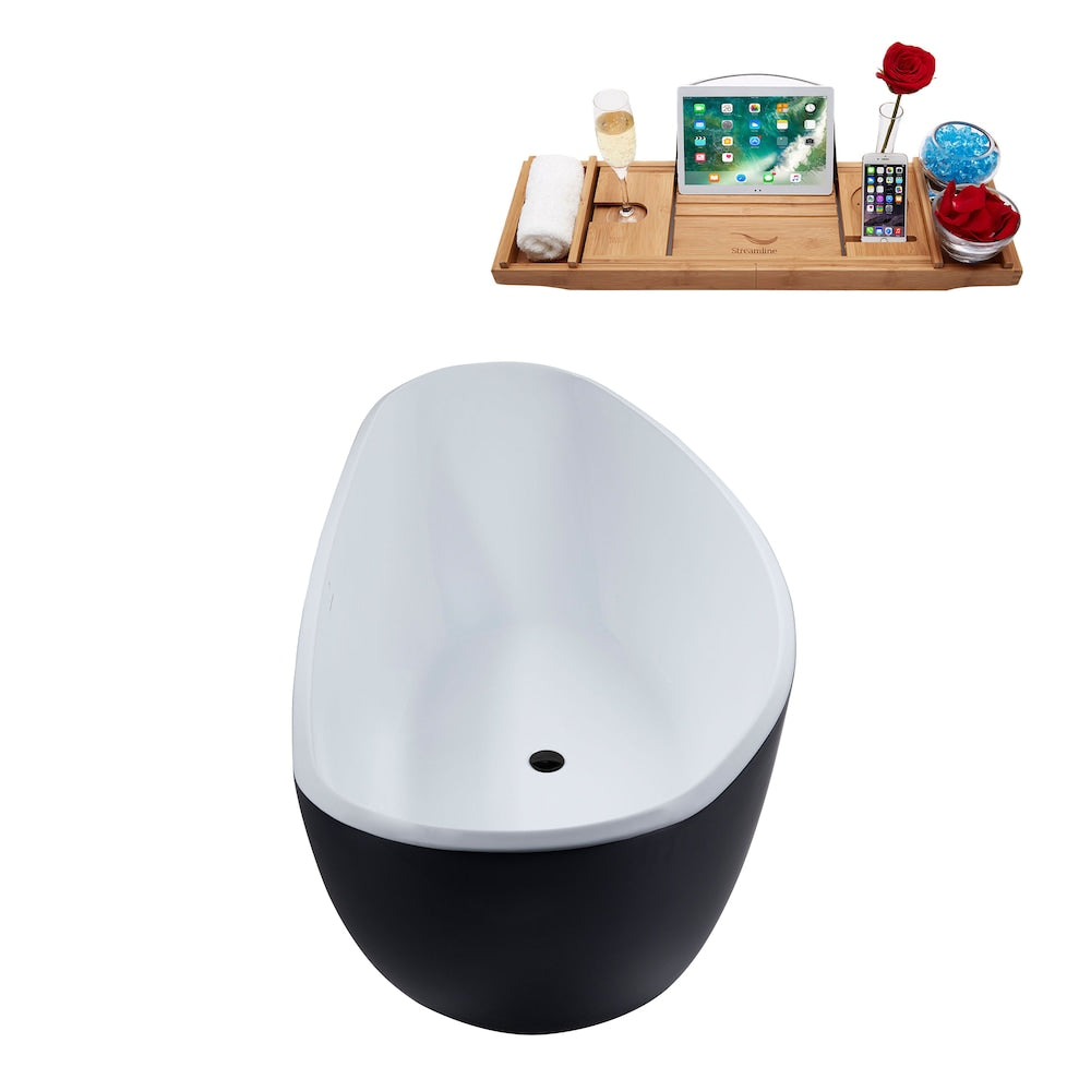 N955BL 75 inch Freestanding Oval Bathtub with Internal Drain and Tray in Matte Black