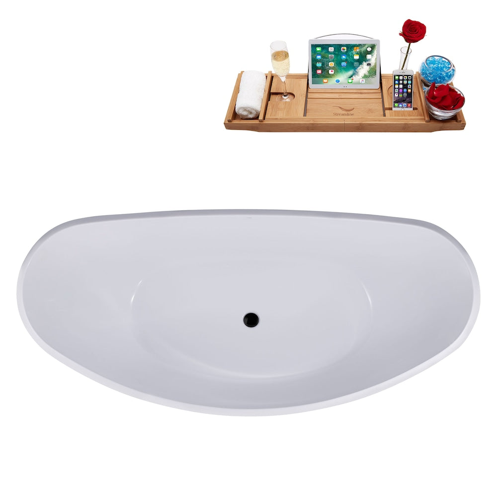 N955BL 75 inch Freestanding Oval Bathtub with Internal Drain and Tray in Matte Black