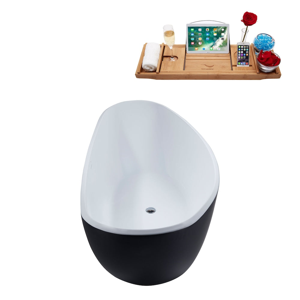 N955CH 75 inch Freestanding Oval Bathtub with Internal Drain and Tray in Matte Black
