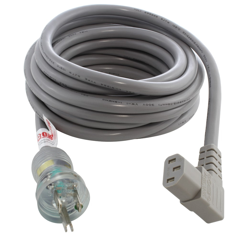 20ft 14/3 15A Medical Grade Power Cord with Right Angle IEC C13 Connector