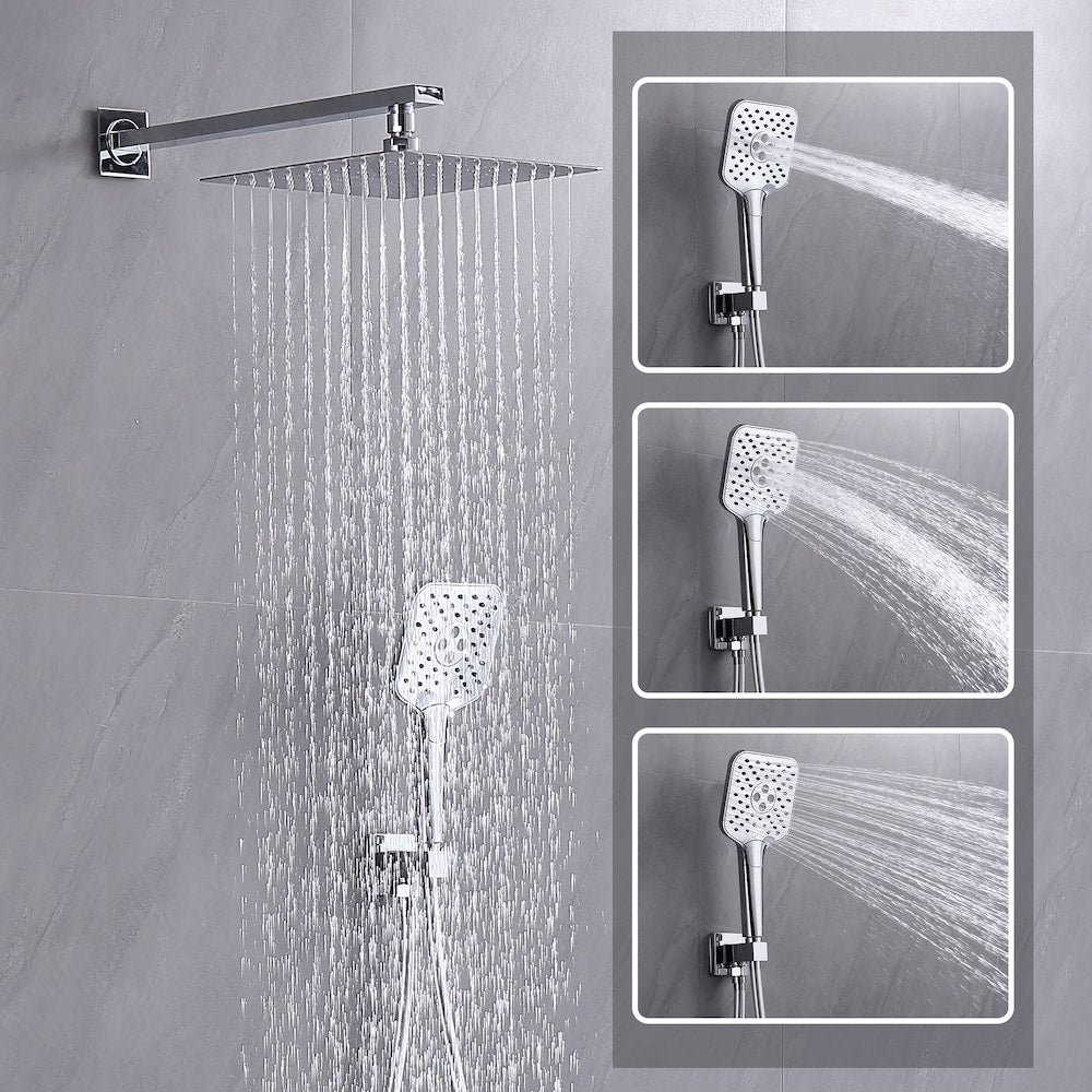 Robinet de douche à effet pluie carré à 3 jets fixé au mur en chrome avec bec de baignoire