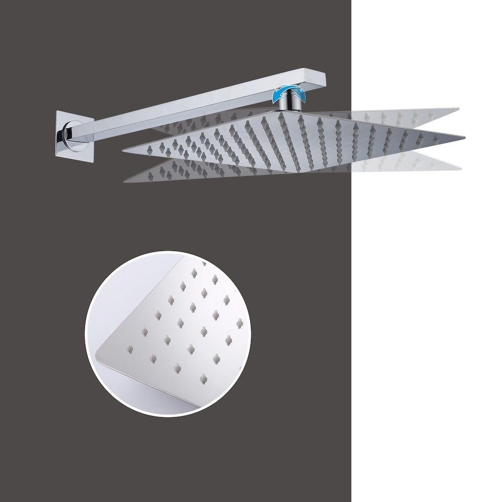 Robinet de douche à effet pluie carré à 3 jets fixé au mur en chrome avec bec de baignoire
