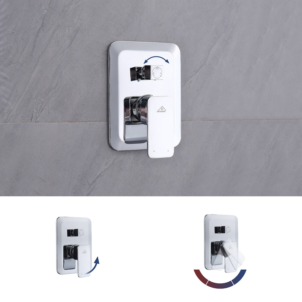 Robinet de douche à effet pluie carré à 3 jets fixé au mur en chrome avec bec de baignoire