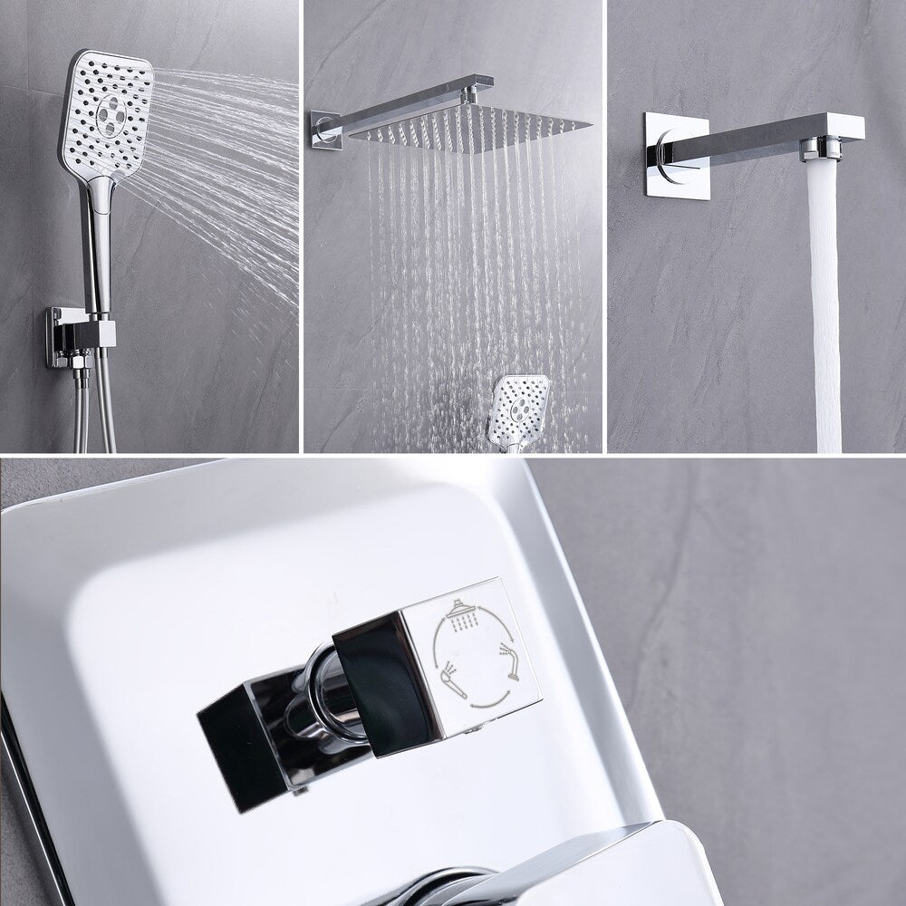 Robinet de douche à effet pluie carré à 3 jets fixé au mur en chrome avec bec de baignoire