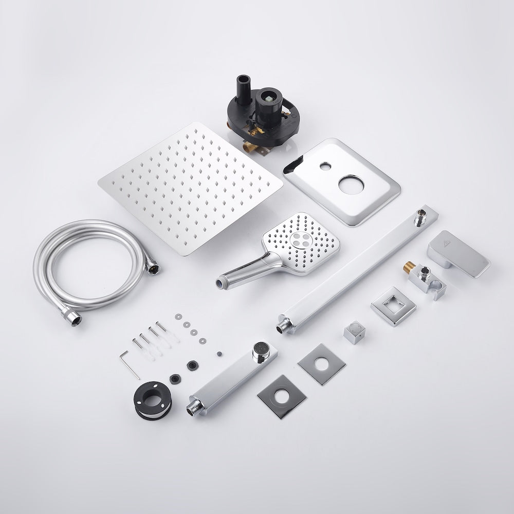 Robinet de douche à effet pluie carré à 3 jets fixé au mur en chrome avec bec de baignoire