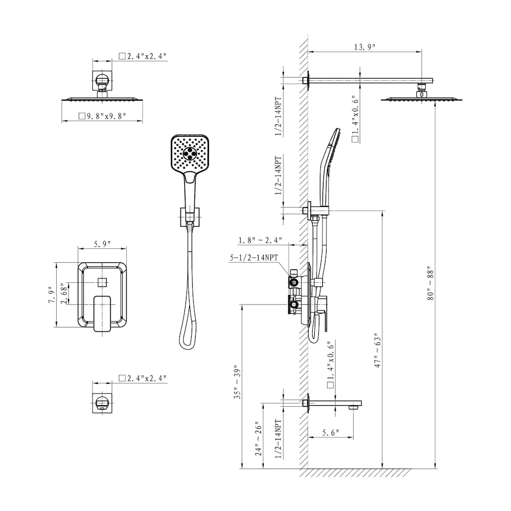 Robinet de douche à effet pluie carré à 3 jets fixé au mur en chrome avec bec de baignoire