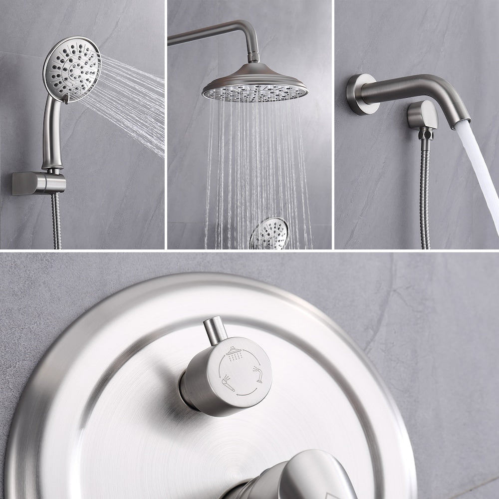 Wall-Mounted 3 Spray Rain Shower Faucet in Brushed Nickel with Bathtub Spout