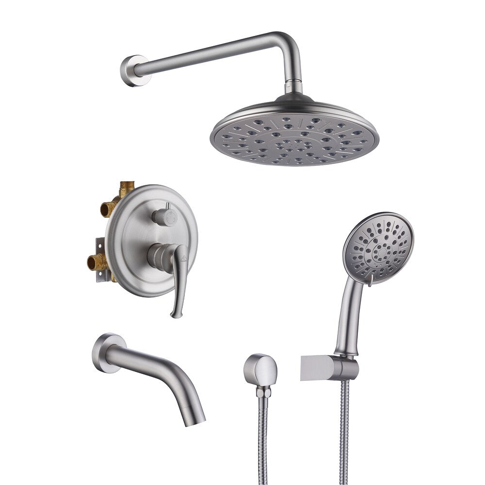 Wall-Mounted 3 Spray Rain Shower Faucet in Brushed Nickel with Bathtub Spout