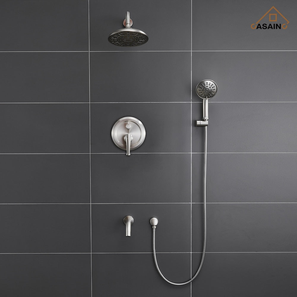 Wall-Mounted 3 Spray Rain Shower Faucet in Brushed Nickel with Bathtub Spout