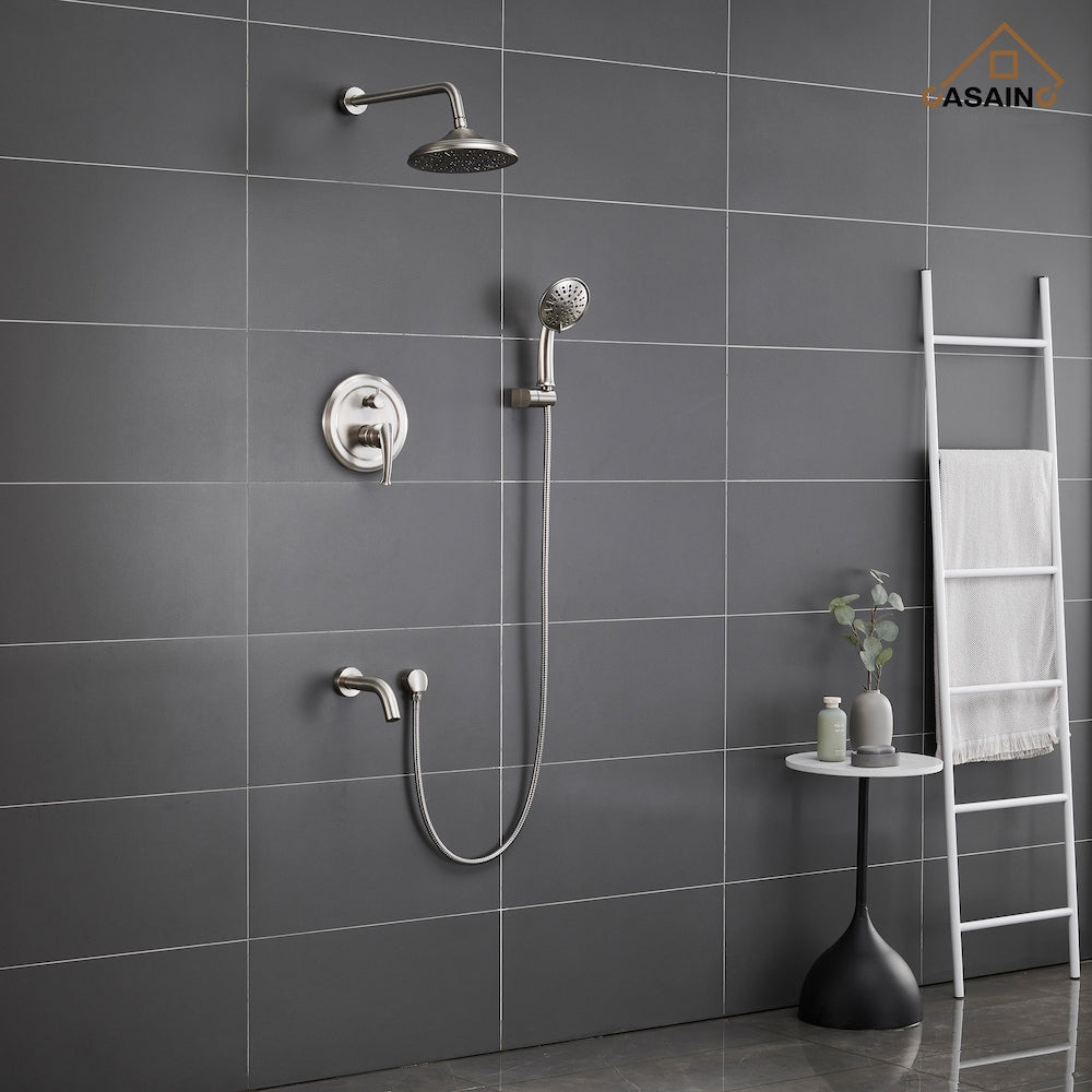 Wall-Mounted 3 Spray Rain Shower Faucet in Brushed Nickel with Bathtub Spout