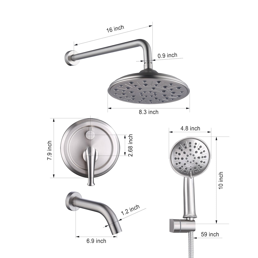 Wall-Mounted 3 Spray Rain Shower Faucet in Brushed Nickel with Bathtub Spout