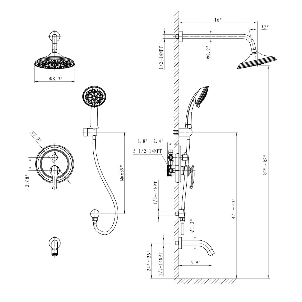 Wall-Mounted 3 Spray Rain Shower Faucet in Brushed Nickel with Bathtub Spout