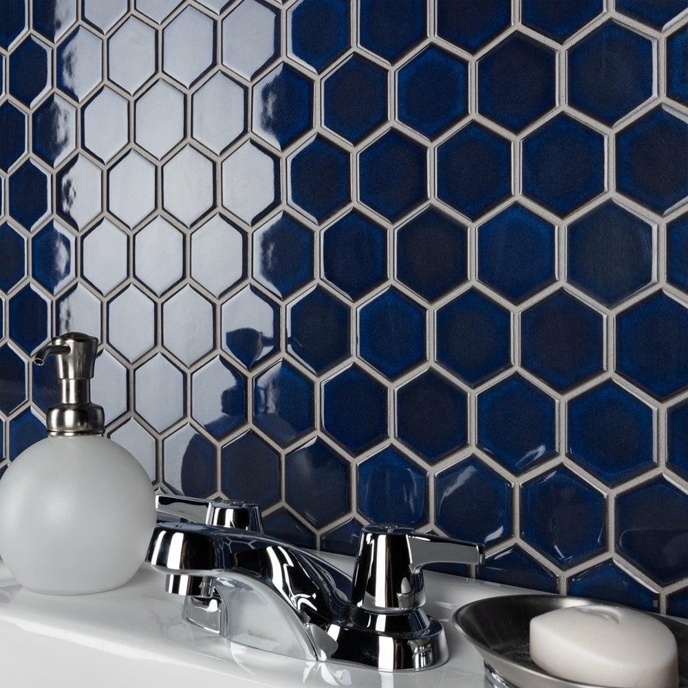 Sample - Tribeca 2" Hex Glossy Cobalt 6 in. x 6 in. Porcelain Mosaic