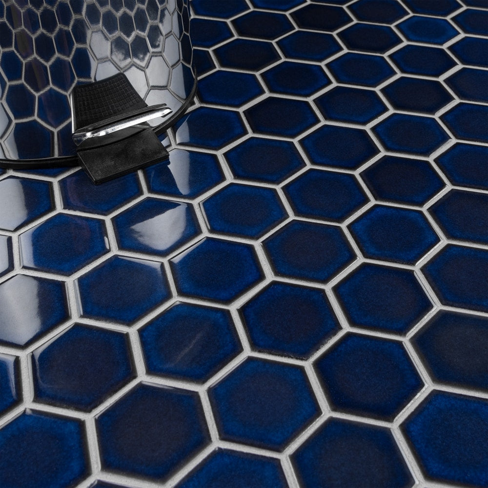 Sample - Tribeca 2" Hex Glossy Cobalt 6 in. x 6 in. Porcelain Mosaic