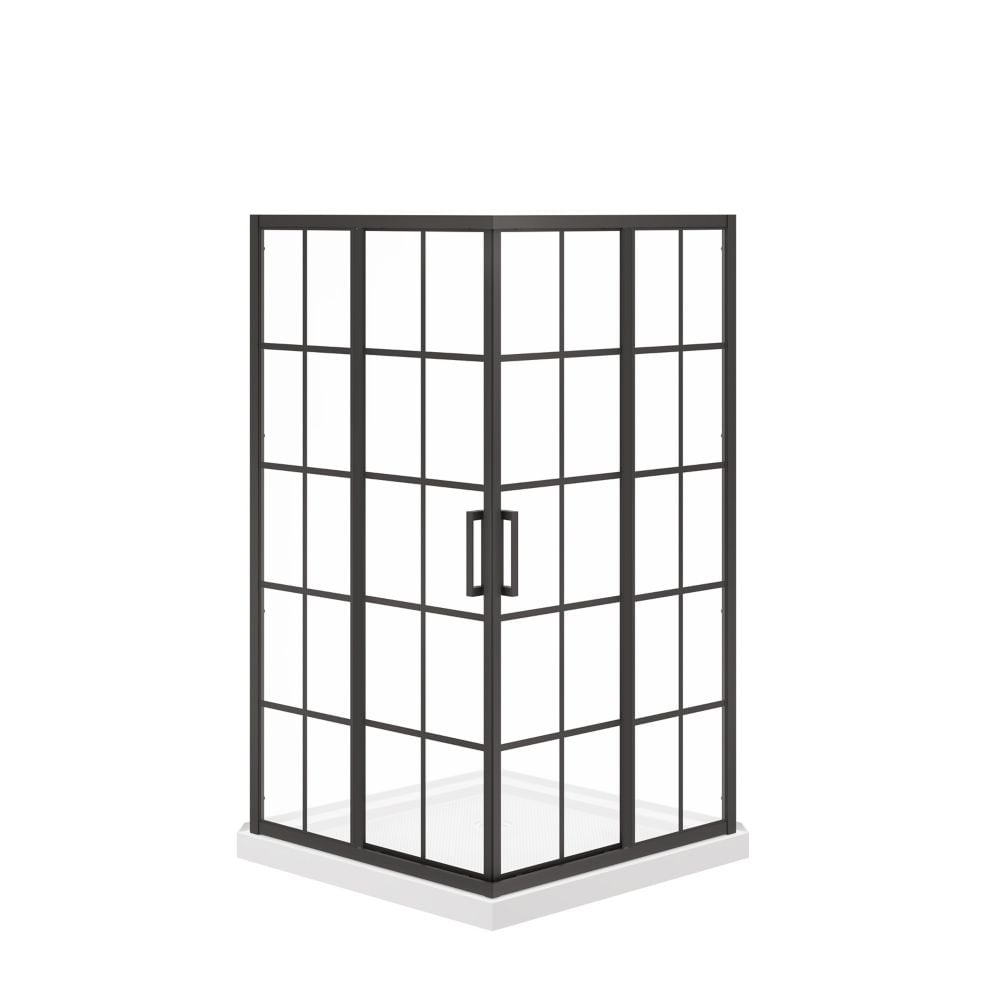 Cabine de douche d'angle Scarlet 42 po L x 42 po l x 75 po H avec base en acrylique blanc, drain d'angle et verre français, porte coulissante noir mat (sans paroi de douche)