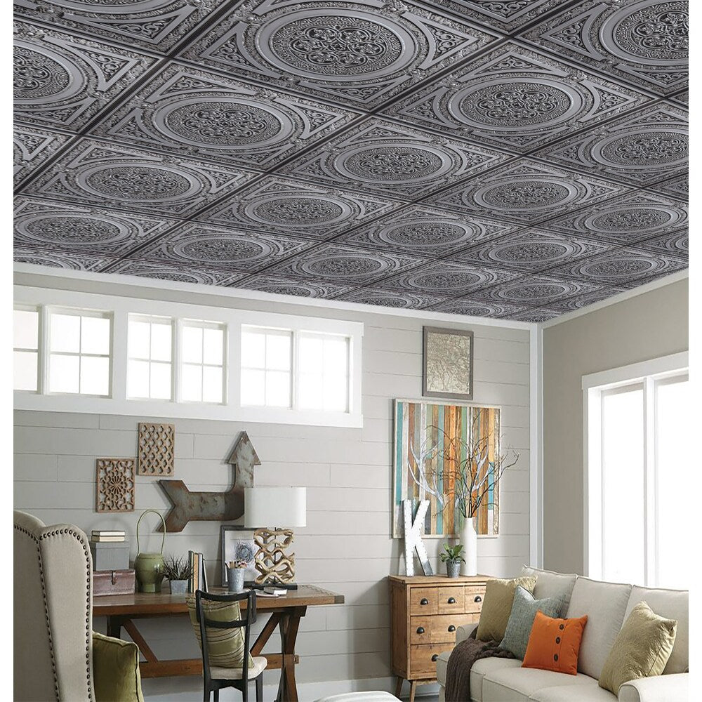 Falkirk Perth 2 ft. x 2 ft. Glue Up or Lay In Traditional Ceiling Panel in Antique Silver (10-Pack)