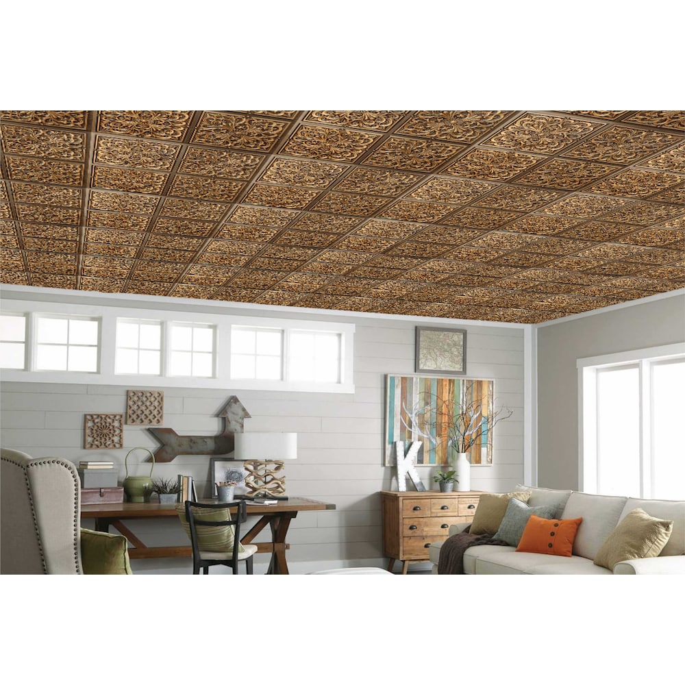 Falkirk Perth Panneau de plafond en patchwork doré antique, 2 pi x 2 pi, à coller (paquet de 25)