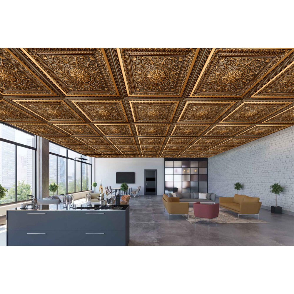 Falkirk Perth 2 ft. x 2 ft. Antique Gold Floral Ceiling Panel Glue Up or Lay In (50-Pack)