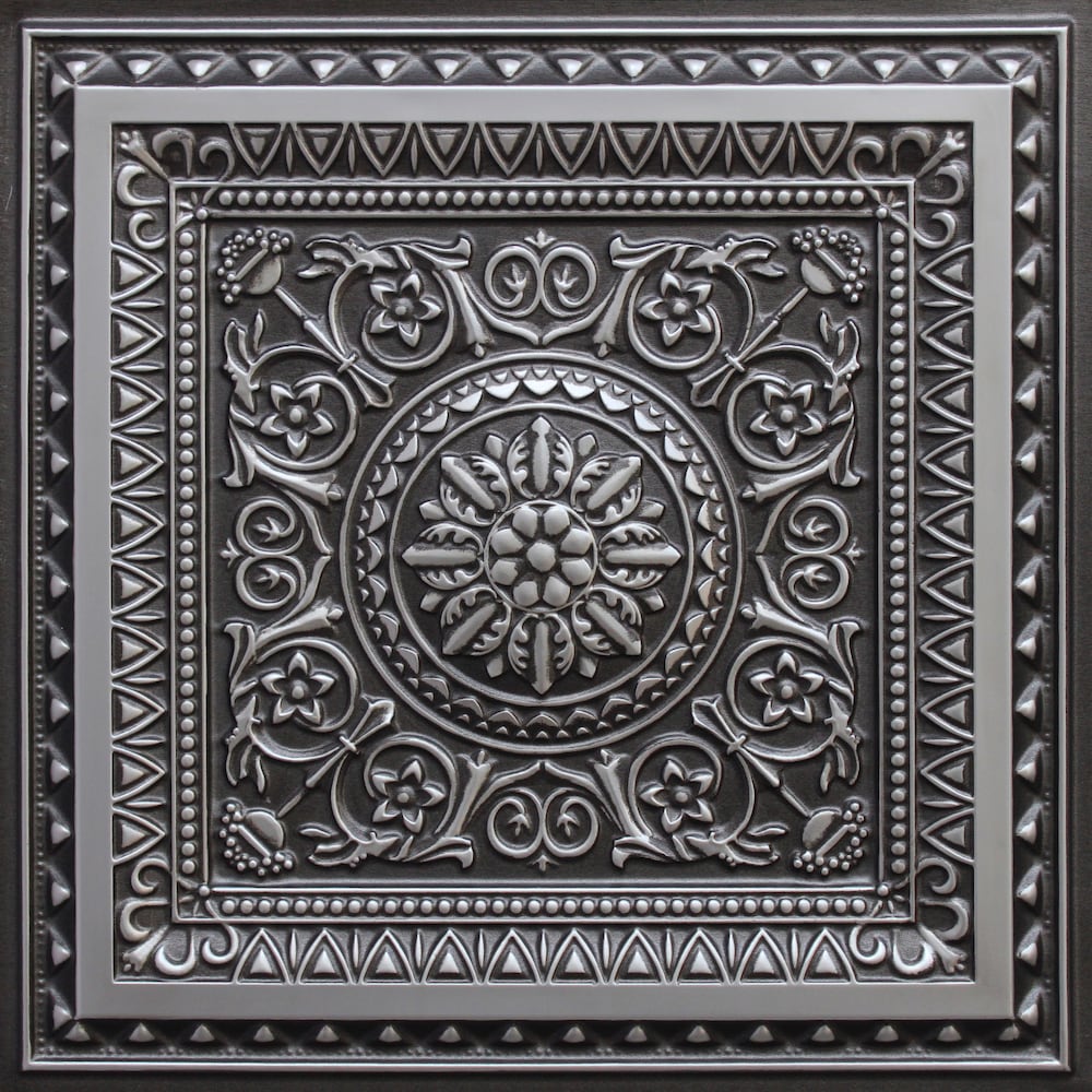 Falkirk Perth Panneau de plafond floral à coller ou à poser, 2 pi x 2 pi, argent antique (paquet de 50)