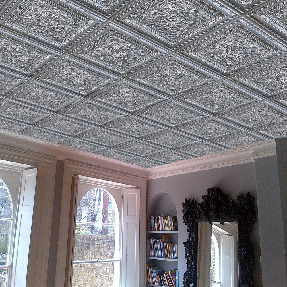 Falkirk Perth 2 ft. x 2 ft. Glue Up or Lay In Floral Ceiling Panel in Silver (50-Pack)