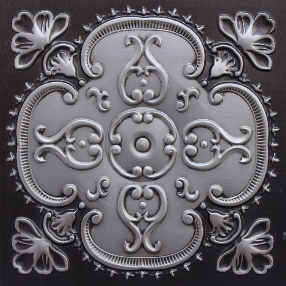 Falkirk Perth Panneau de plafond floral à coller ou à poser, 2 pi x 2 pi, argent antique (paquet de 50)