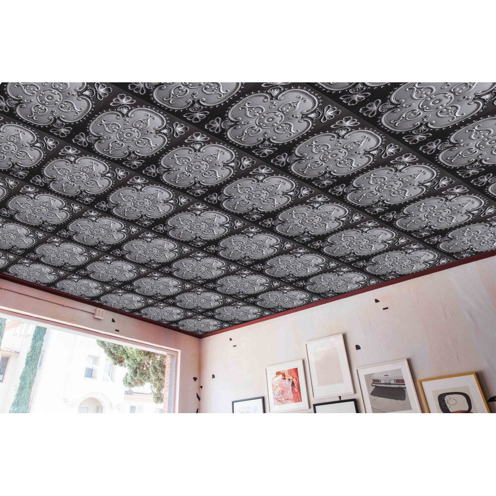 Falkirk Perth Panneau de plafond floral à coller ou à poser, 2 pi x 2 pi, argent antique (paquet de 50)