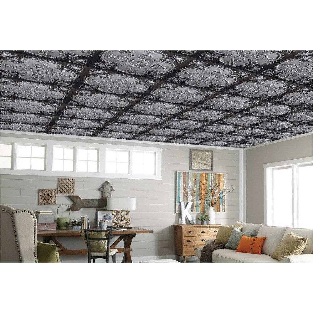 Falkirk Perth Panneau de plafond floral à coller ou à poser, 2 pi x 2 pi, argent antique (paquet de 50)