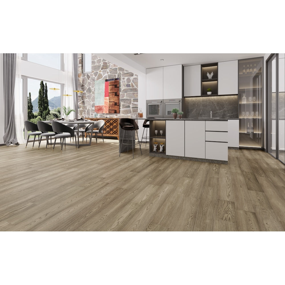 Plancher de bois franc d'ingénierie à emboîtement imperméable en chêne Cinder Cone Random L x 6,5 po l x 7 mm gris (21,80 pi2/caisse)