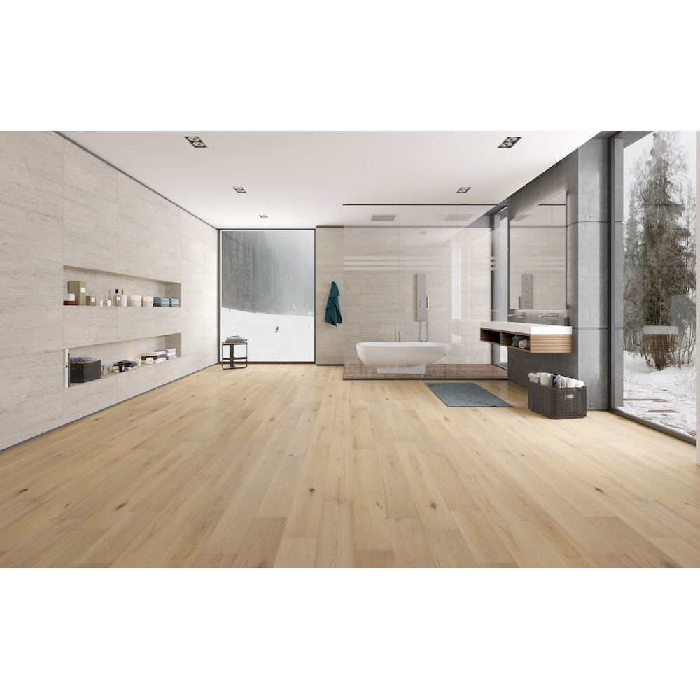 Parquet contrecollé imperméable à emboîtement en chêne blanc parcheminé aléatoire L x 6,5 po l x 7 mm beige (21,80 pi2/caisse)