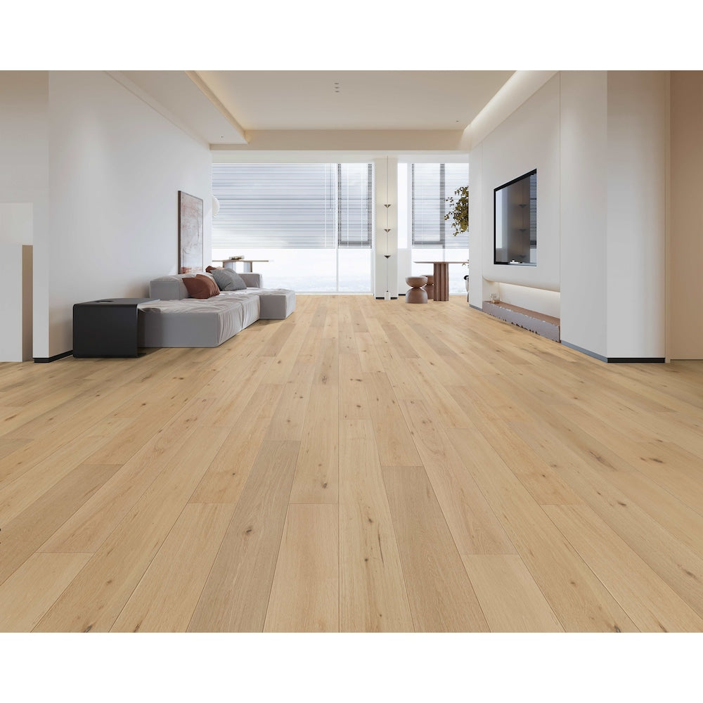 Parquet contrecollé imperméable à emboîtement en chêne blanc parcheminé aléatoire L x 6,5 po l x 7 mm beige (21,80 pi2/caisse)