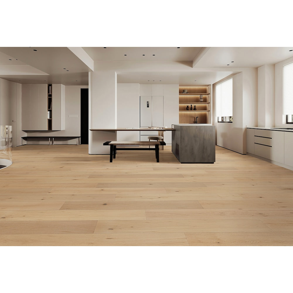 Parquet contrecollé imperméable à emboîtement en chêne blanc parcheminé aléatoire L x 6,5 po l x 7 mm beige (21,80 pi2/caisse)