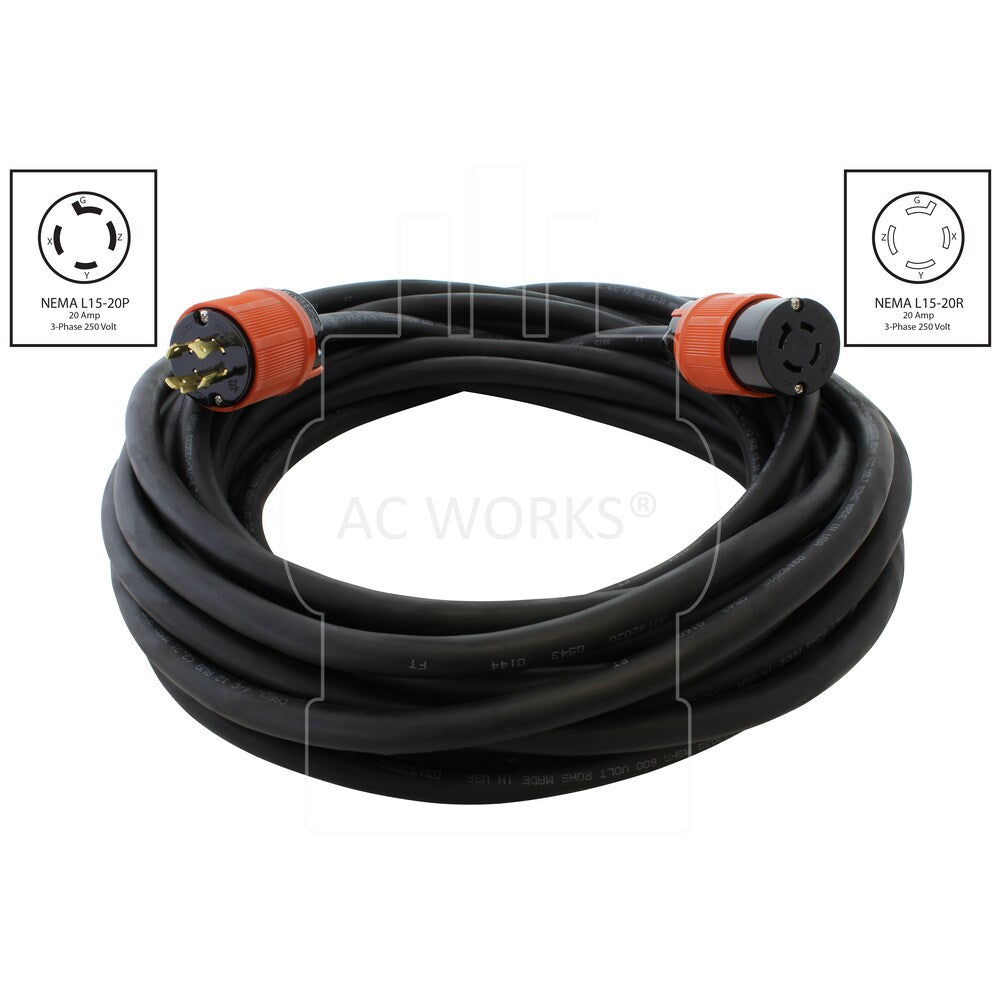 100ft SOOW 12/4 NEMA L15-20 20A 3-Phase 250V Industrial Rubber Extension Cord