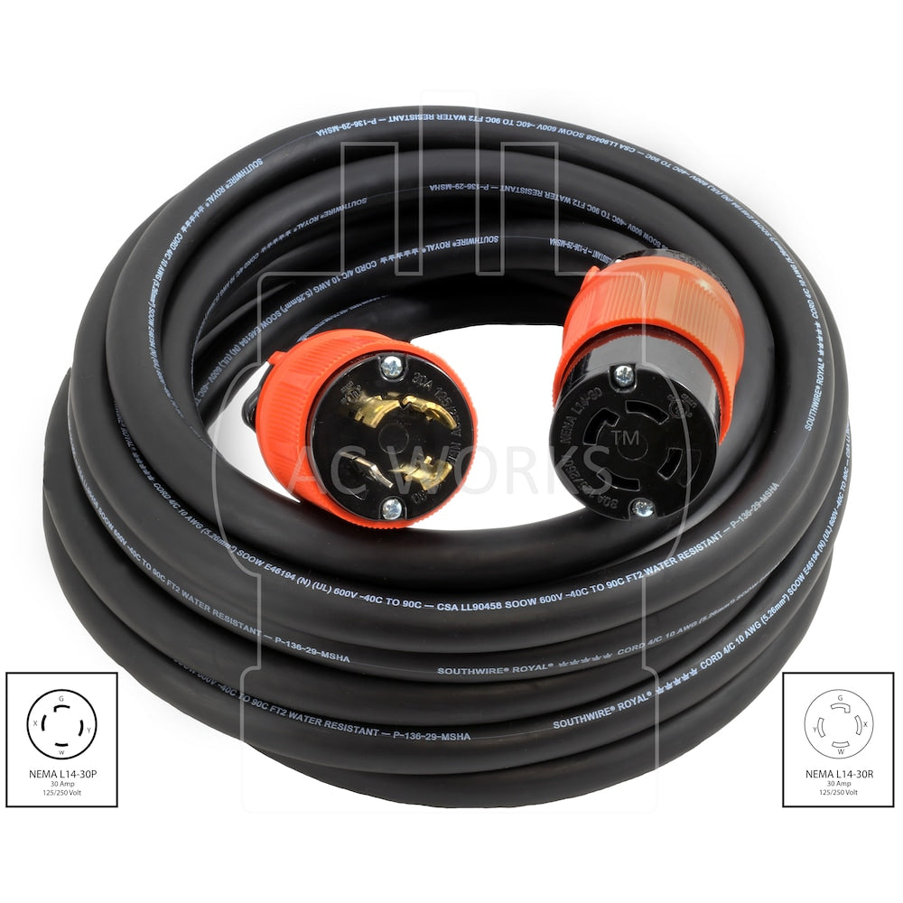 25ft 10/4 SOOW NEMA L14-30 30A 125/250V Generator Rubber Extension Cord
