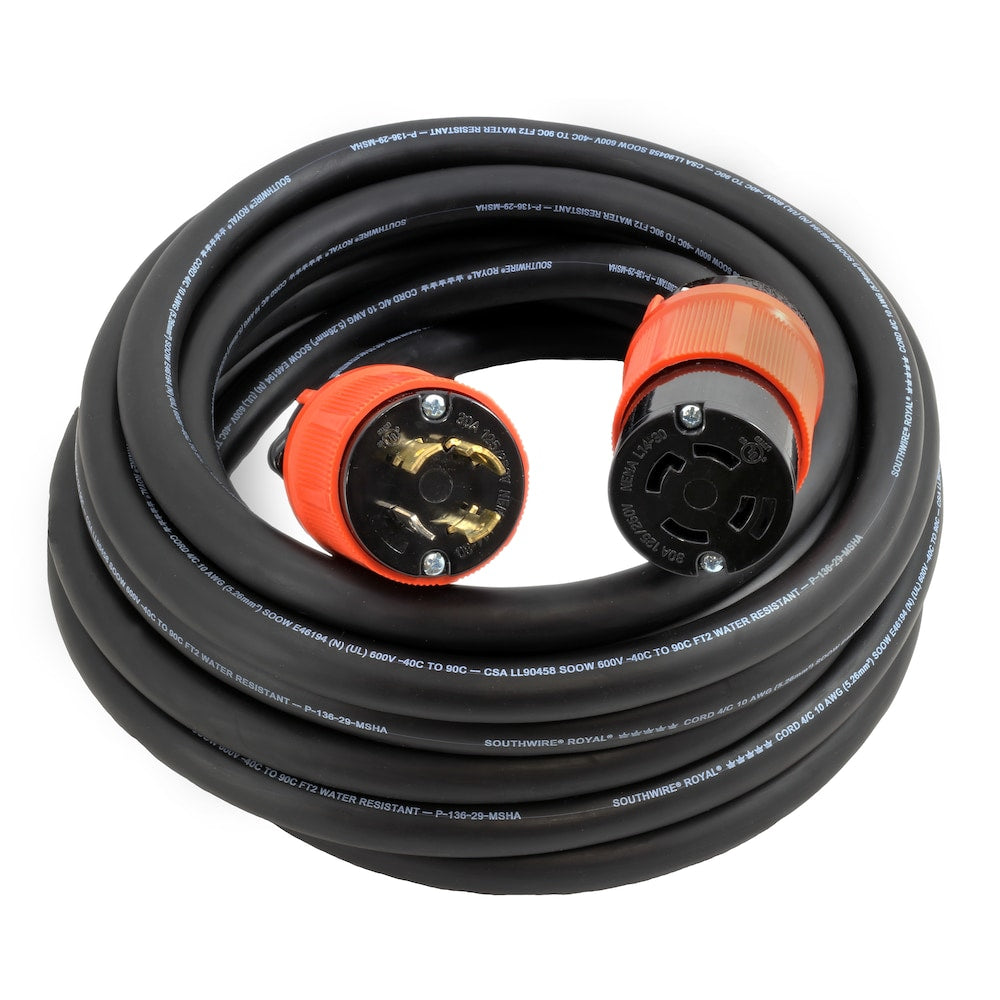 25ft 10/4 SOOW NEMA L14-30 30A 125/250V Generator Rubber Extension Cord