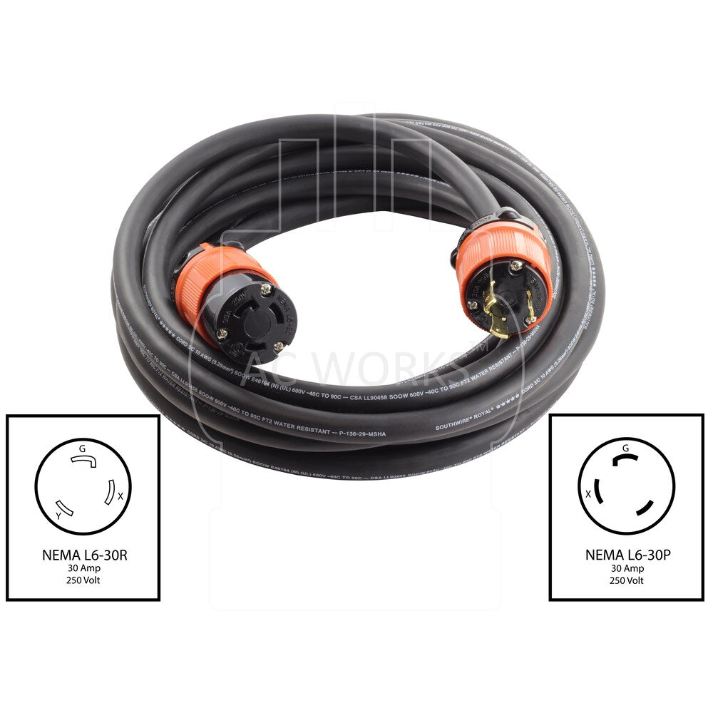 100ft SOOW 10/3 NEMA L6-30 30A 250V Rubber Extension Cord