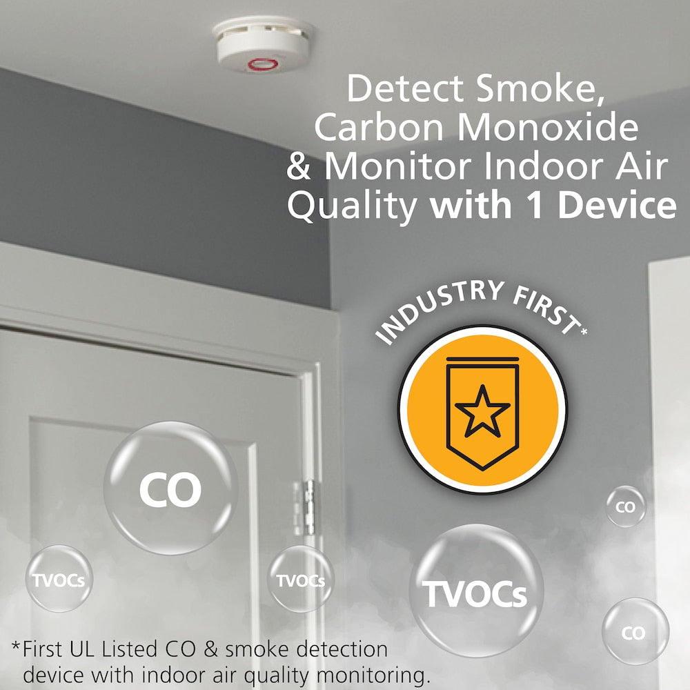 Hardwired Interconnected Combination Smoke and CO Alarm with Indoor Air Quality Monitor and Battery Backup